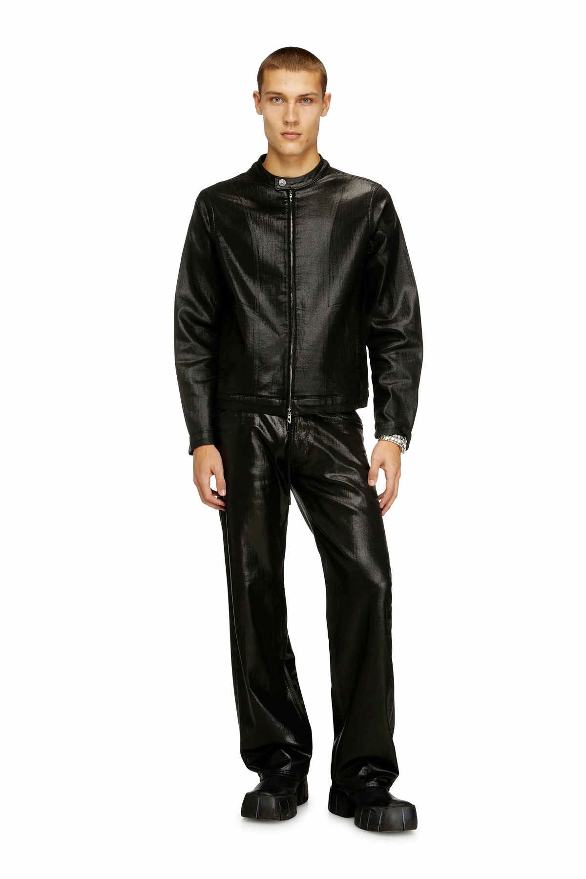 Diesel Moto jacket in shiny coated Jogg Jeans - Denim Jackets Mens in Black