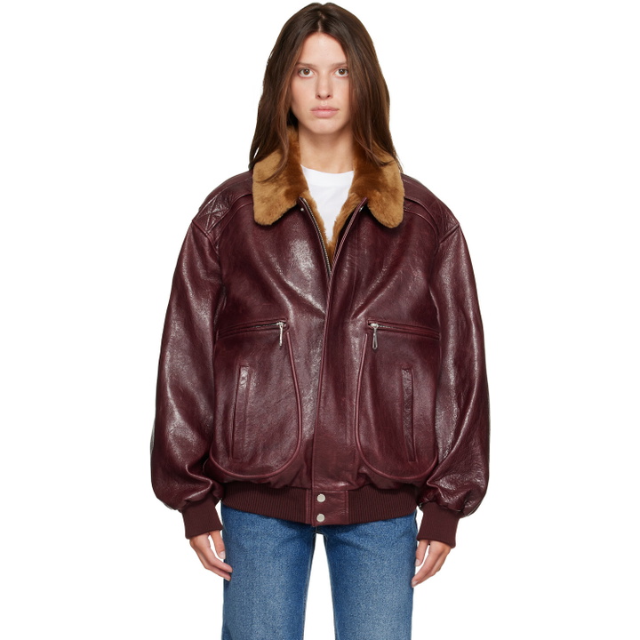 Photo: Rabanne Burgundy Textured Leather Bomber Jacket