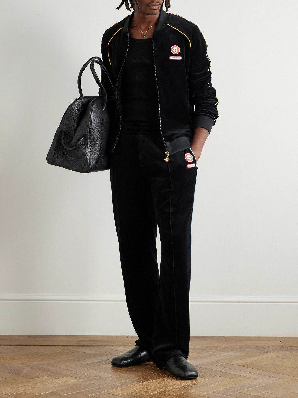 Casablanca - Straight-Leg Logo-Appliquéd Cotton-Blend Velour Sweatpants - Black