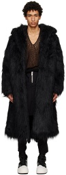 Sulvam Black Hooded Faux-Fur Coat