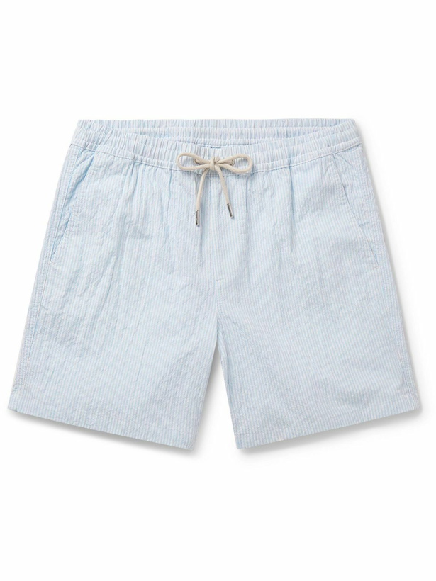 Photo: NN07 - Gregor Straight-Leg Striped Cotton-Blend Seersucker Drawstring Shorts - Blue