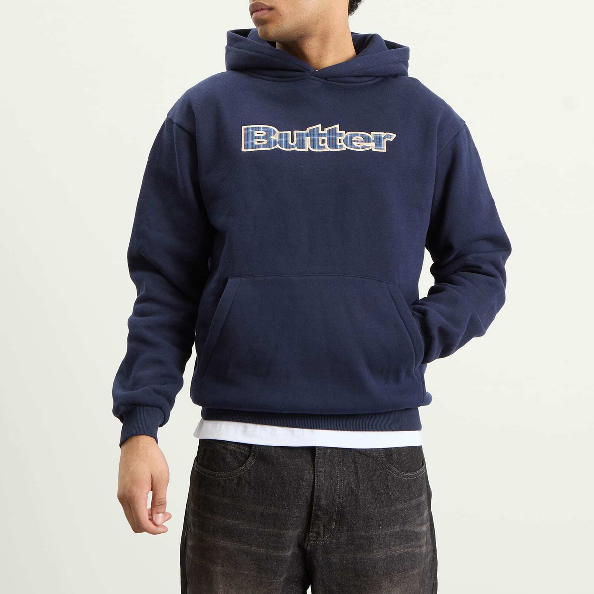 Butter Goods Men's Plaid Logo Applique Hoodie in Navy
