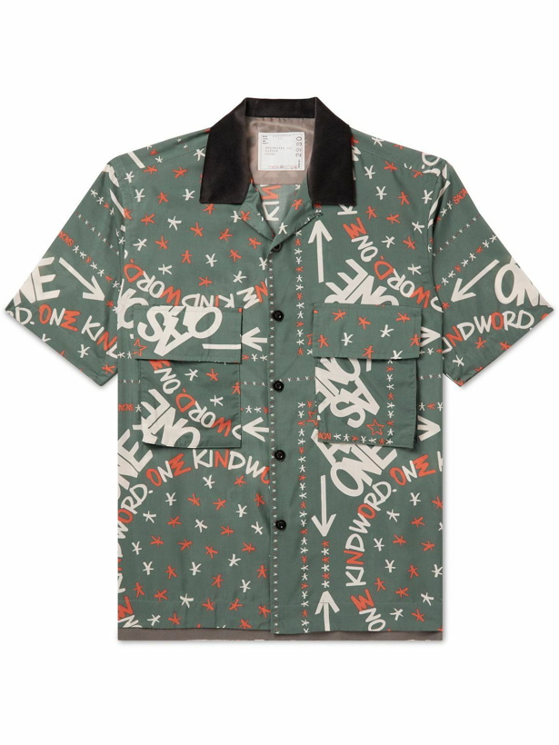 Photo: Sacai - Eric Haze Velvet-Trimmed Printed Poplin Shirt - Green