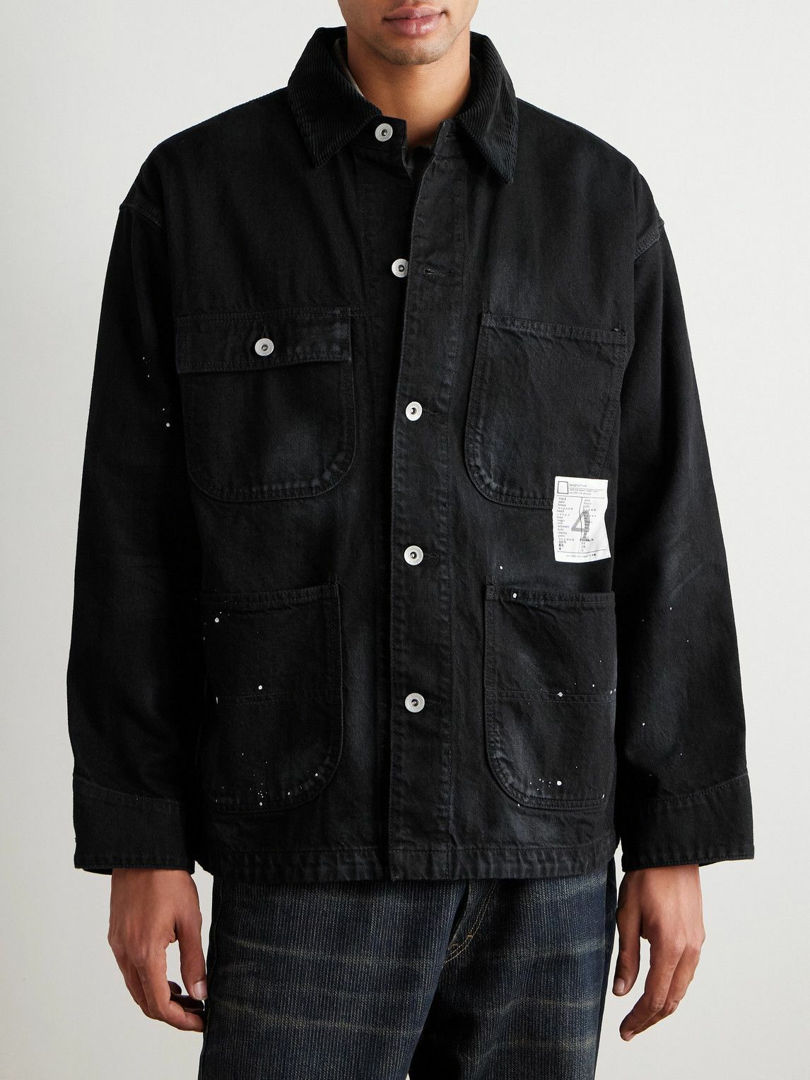 Neighborhood - Corduroy-Trimmed Paint-Splattered Denim Jacket - Black