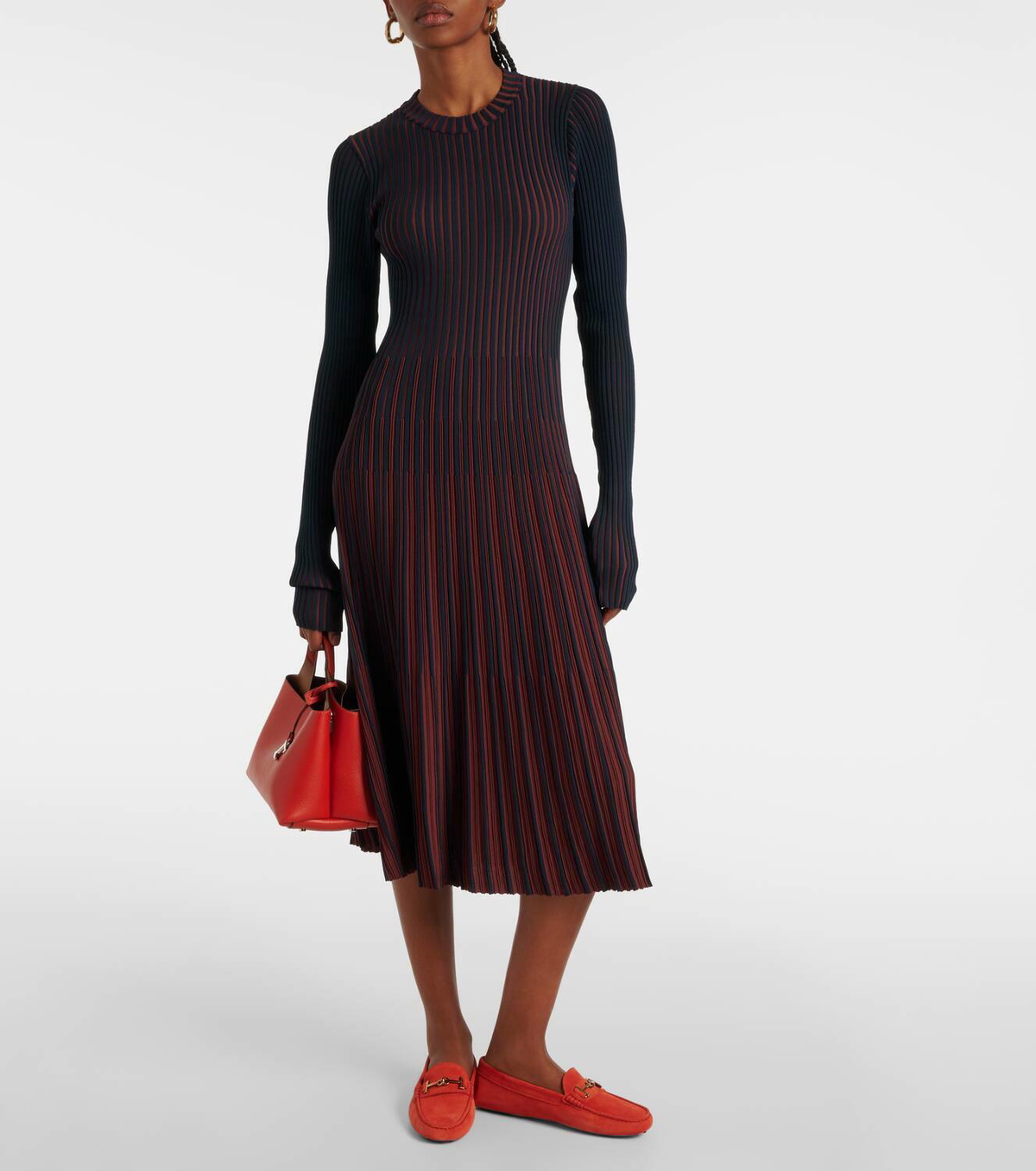 Tod's Striped ribbed-knit pleated midi dress