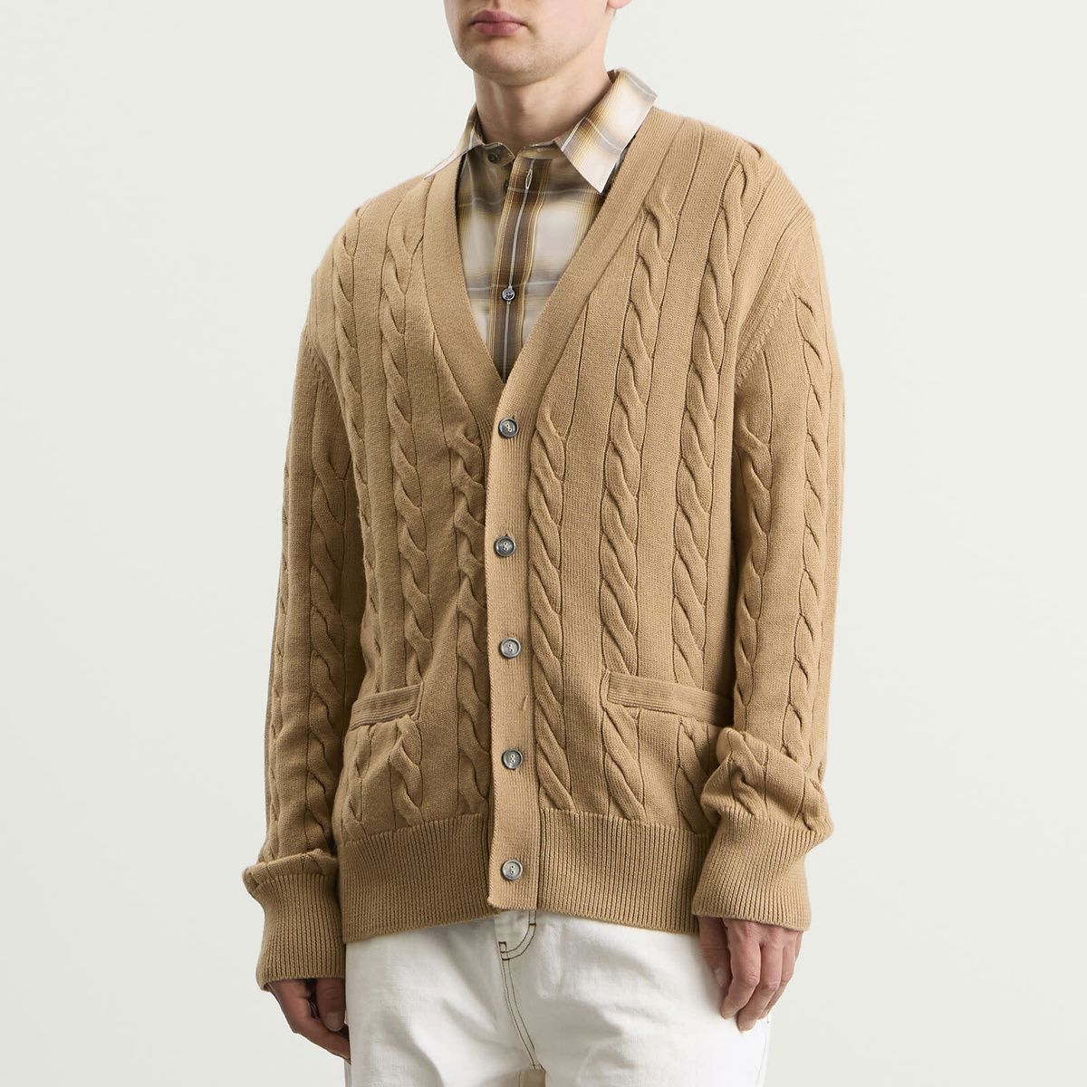 T&T　Ami PARISカーディガン 2025FW キャメルL AMI Paris Men's Cable Stitch Cardigan in Camel AMI
