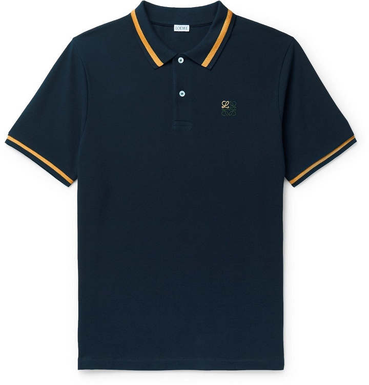 Photo: Loewe - Logo-Embroidered Contrast-Tipped Cotton-Piqué Polo Shirt - Blue