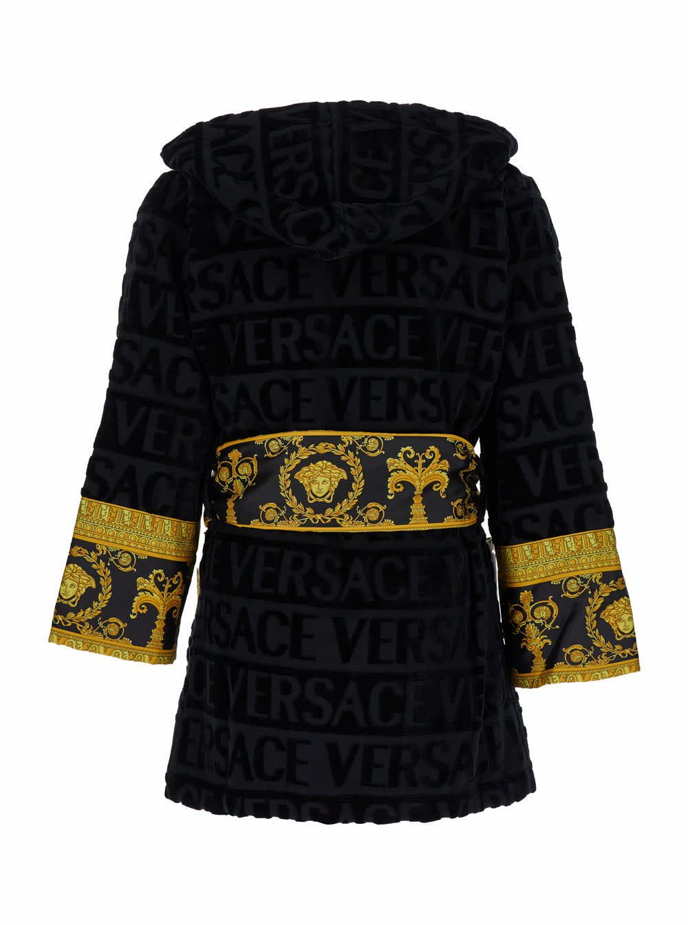 Versace Black Terry Cotton Bathrobe With Baroque Pattern