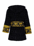 Versace Black Terry Cotton Bathrobe With Baroque Pattern