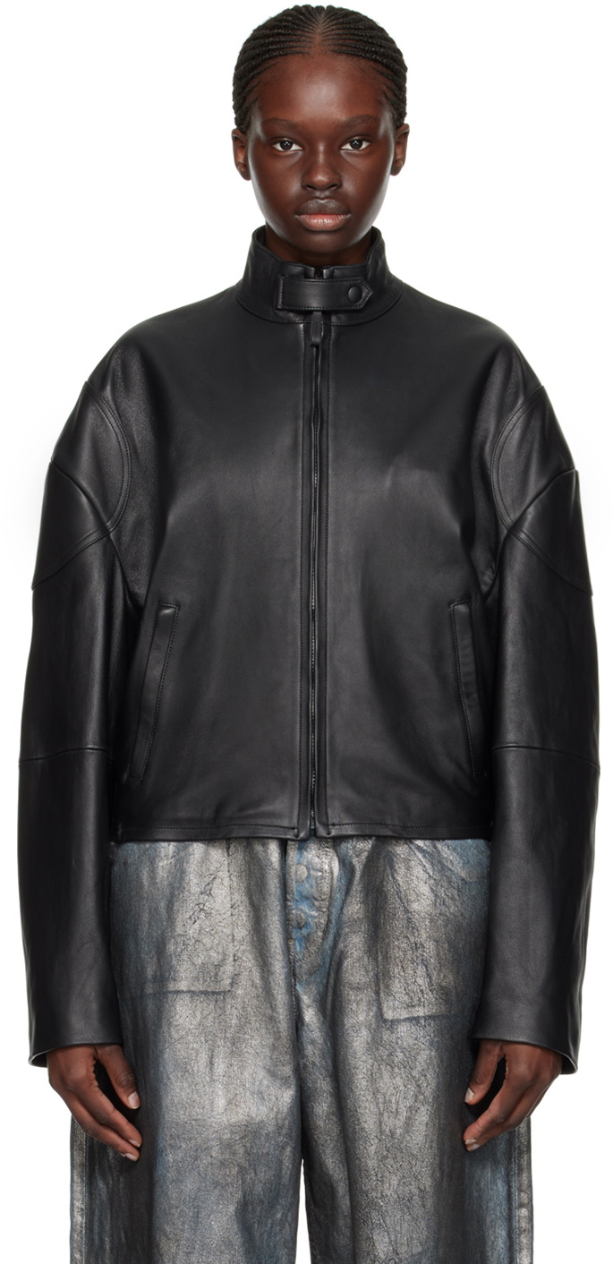 Acne Studios Black Dropped Shoulder Leather Jacket Acne Studios