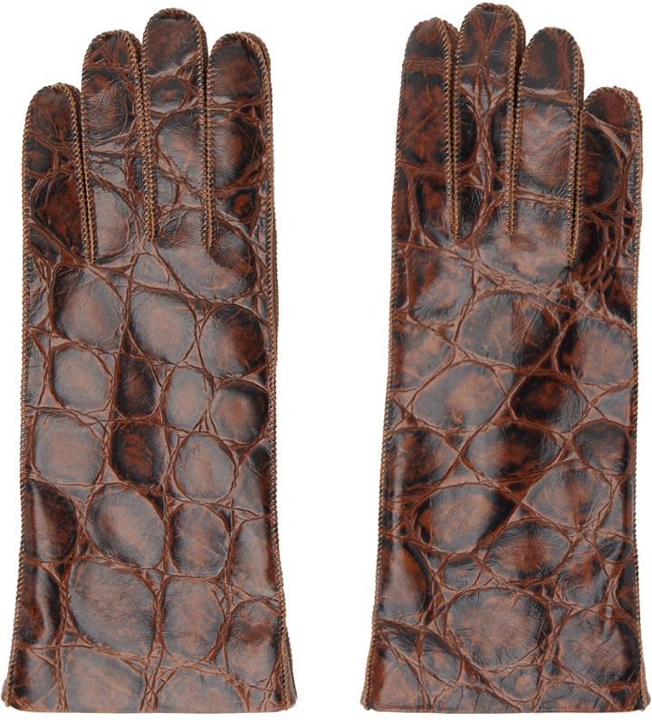 Photo: Bottega Veneta Brown Crocodile-Effect Leather Gloves