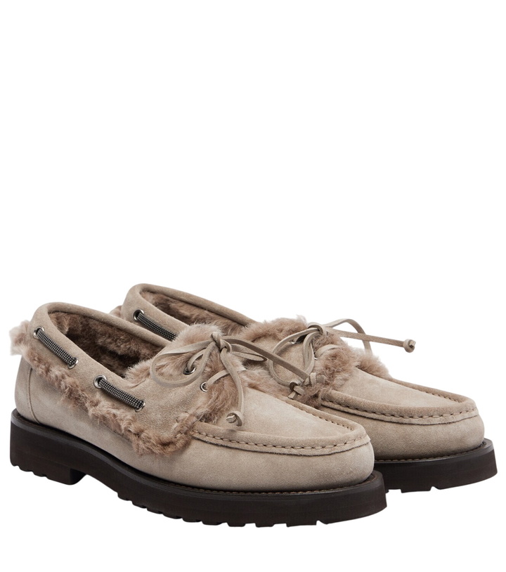 Photo: Brunello Cucinelli Monili shearling-trimmed suede boat shoes