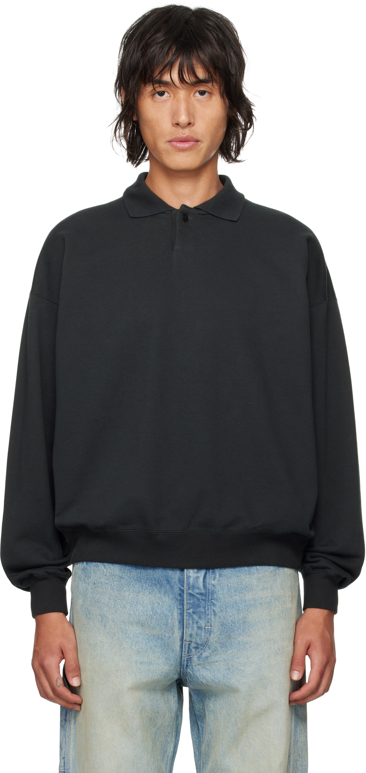 Auralee Pima Light Sweat Polo in Ink Black Curated at Jake