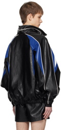 System Black & Blue Paneled Faux-Leather Bomber Jacket