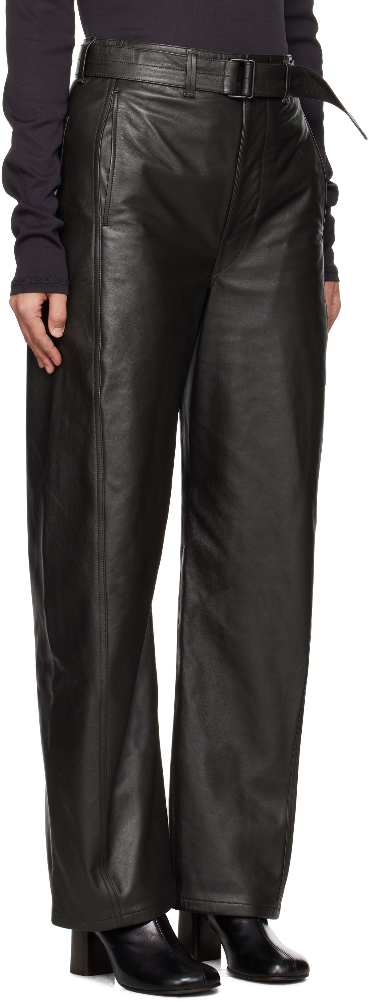 LEMAIRE Black Twisted Belted Leather Pants Lemaire