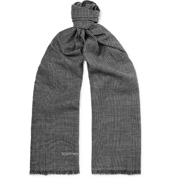 Photo: TOM FORD - Fringed Prince of Wales Checked Mohair, Wool, Linen and Silk-Blend Scarf - Men - Gray