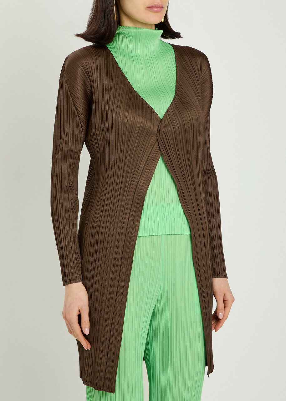 Pleats Please Issey Miyake Pleated Woven Coat Brown