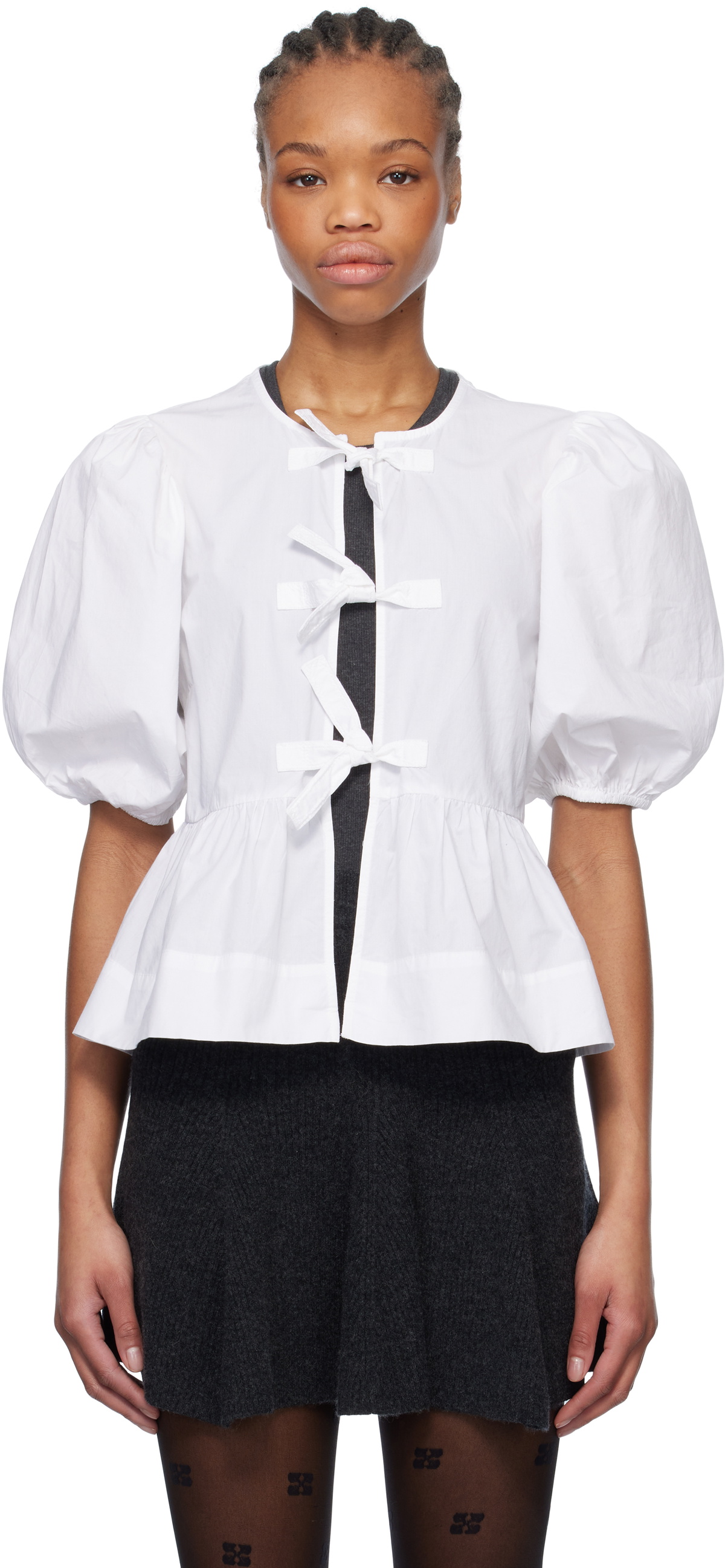 GANNI White Cotton Poplin Peplum Tie Blouse