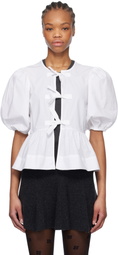 GANNI White Cotton Poplin Peplum Tie Blouse