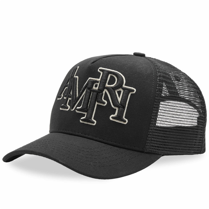 Photo: AMIRI Men's Staggered Logo Trucker Hat in Black/Alabaster