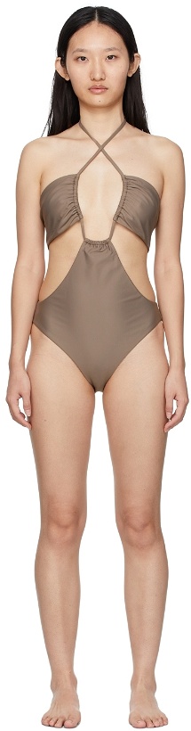 Photo: Rosetta Getty Taupe Drawstring Bandeau One-Piece Swimsuit
