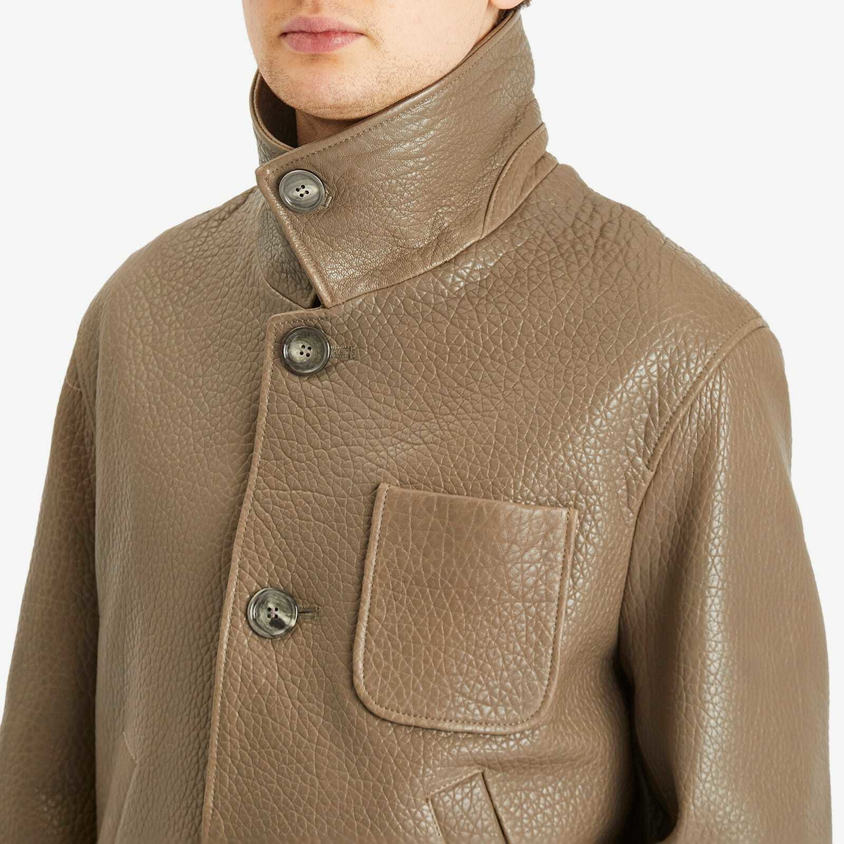 AMI Paris Men's Leather Buttoned Jacket in Smoke Grey
