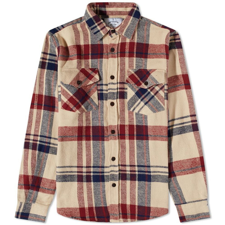 Photo: Portuguese Flannel Men's Coachella Check 2 Pocket Overshirt in Beige/Red/Navy