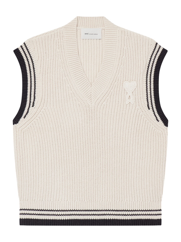 Photo: AMI PARIS - Logo-Appliquéd Striped Ribbed Wool and Cotton-Blend Vest - White