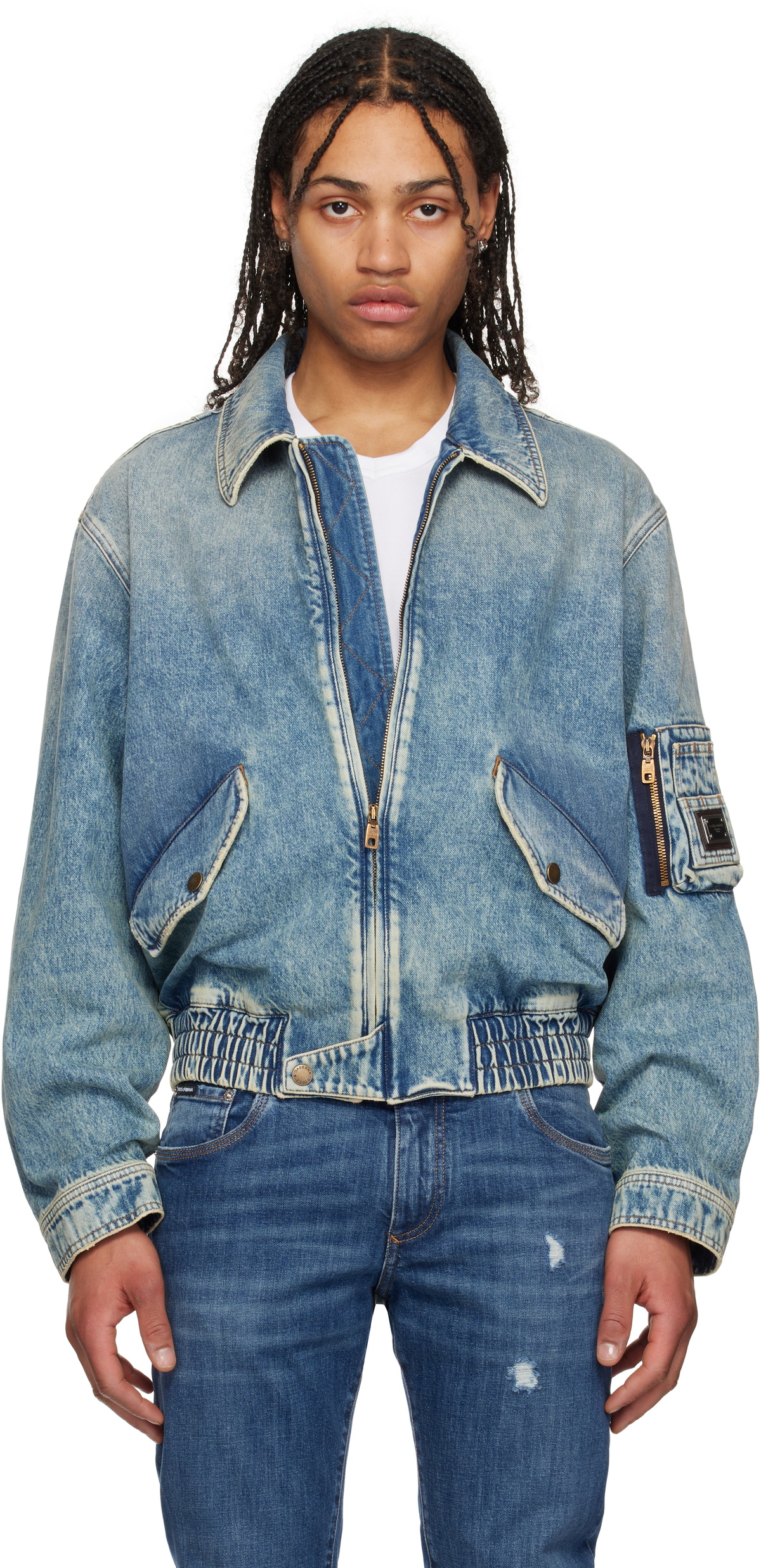 Dolce&Gabbana Blue Cotton Tag Denim Bomber Jacket