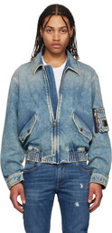 Dolce&Gabbana Blue Cotton Tag Denim Bomber Jacket