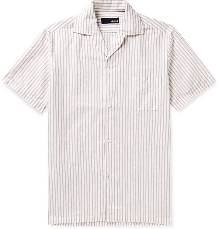 Photo: Lardini - Camp-Collar Striped Linen and Cotton-Blend Shirt - Neutrals