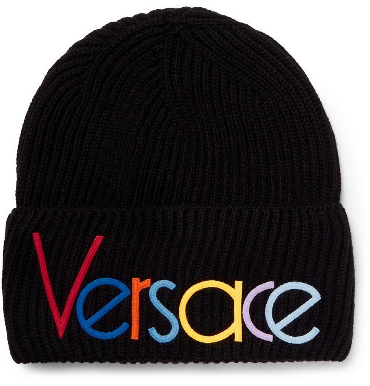 Photo: Versace - Logo-Embroidered Ribbed Wool Beanie - Black