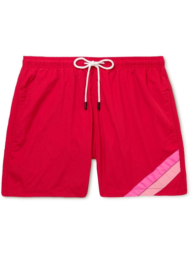Photo: Solid & Striped - Straight-Leg Mid-Length Striped Faille Swim Shorts - Red