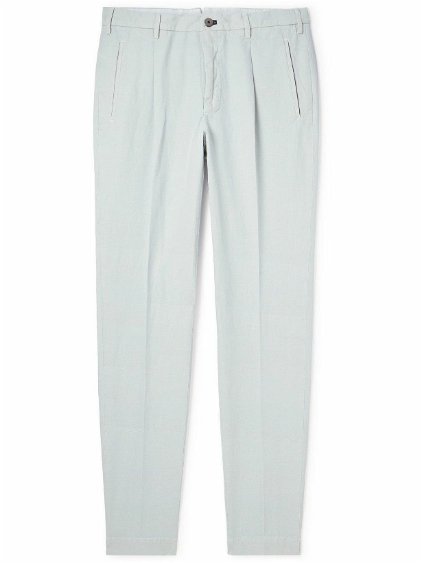 Photo: Incotex - Straight-Leg Pleated Cotton and Linen-Blend Trousers - Gray