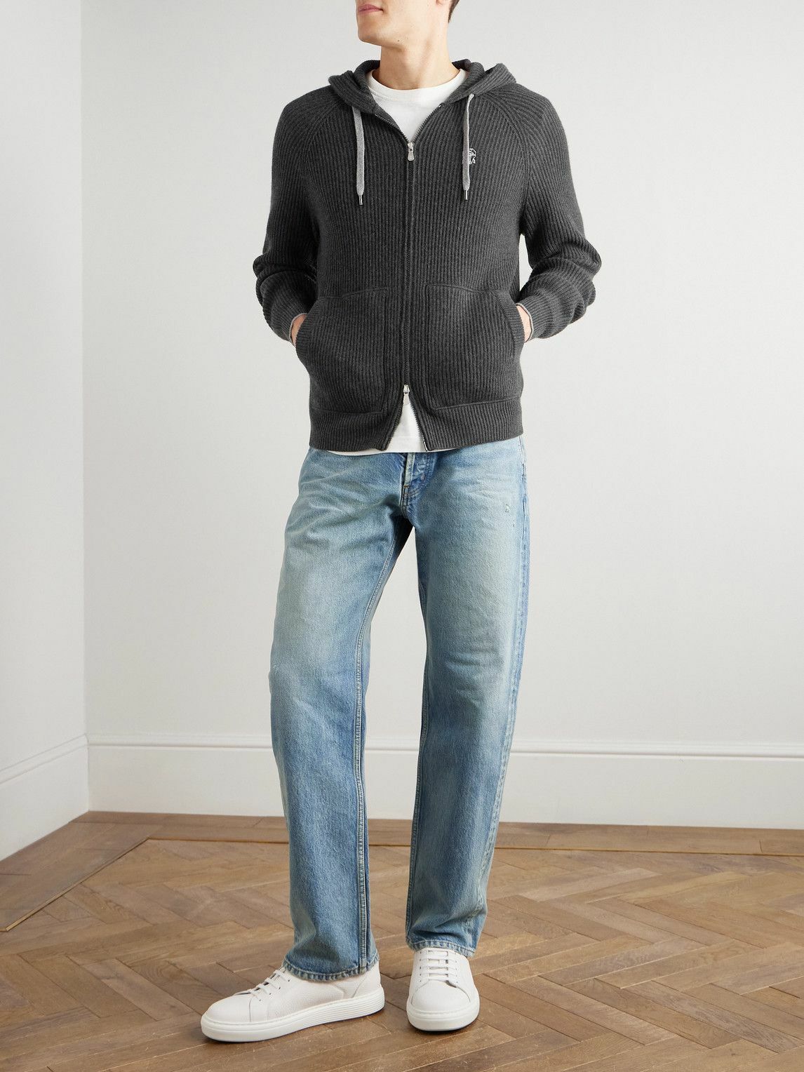 Brunello Cucinelli - Logo-Embroidered Ribbed Cashmere Zip-Up Hoodie - Gray
