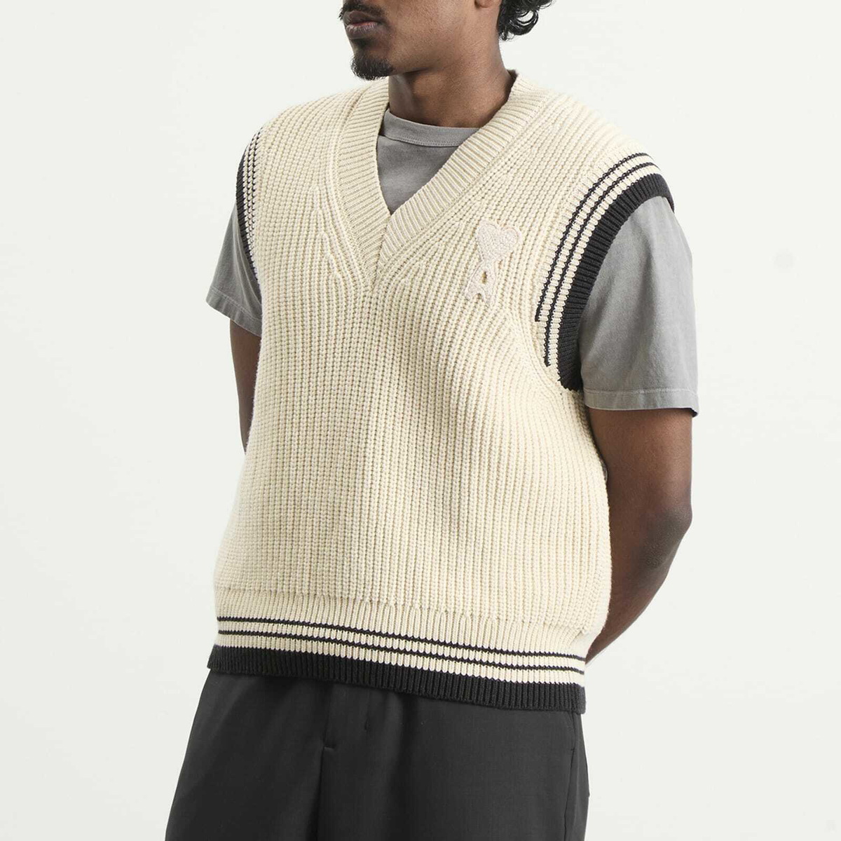 AMI Paris Men's V Neck Sleeveless Sweater in Blanc Creme