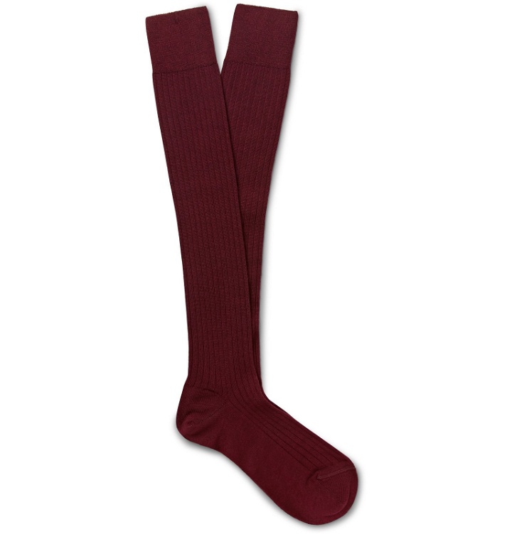 Photo: Charvet - Ribbed Cashmere, Wool and Silk-Blend Over-the-Calf Socks - Burgundy