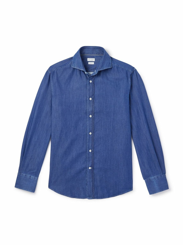 Photo: Brunello Cucinelli - Slim-Fit Cutaway-Collar Cotton Shirt - Blue