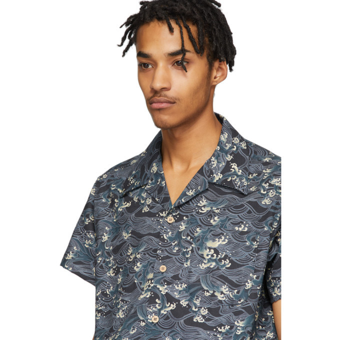 Naked and Famous Denim Blue Japanese Waves Art Aloha Shirt Naked