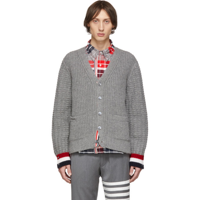 Photo: Thom Browne Grey Fun-Mix Stitch Chunky V-Neck Cardigan