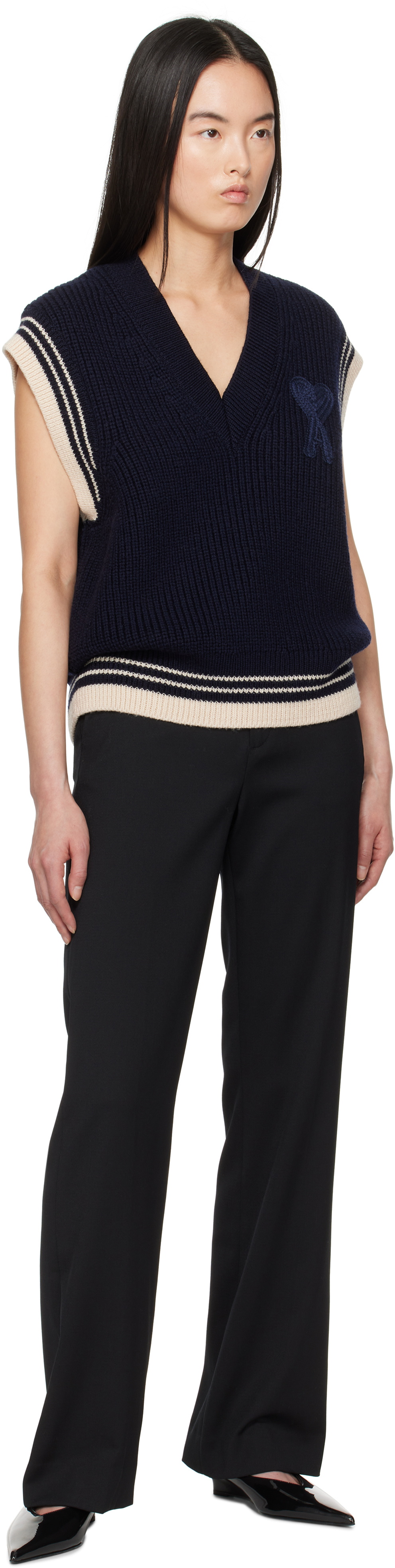 AMI Paris Navy Wool Ribbed Sleeveless V Neck Vest