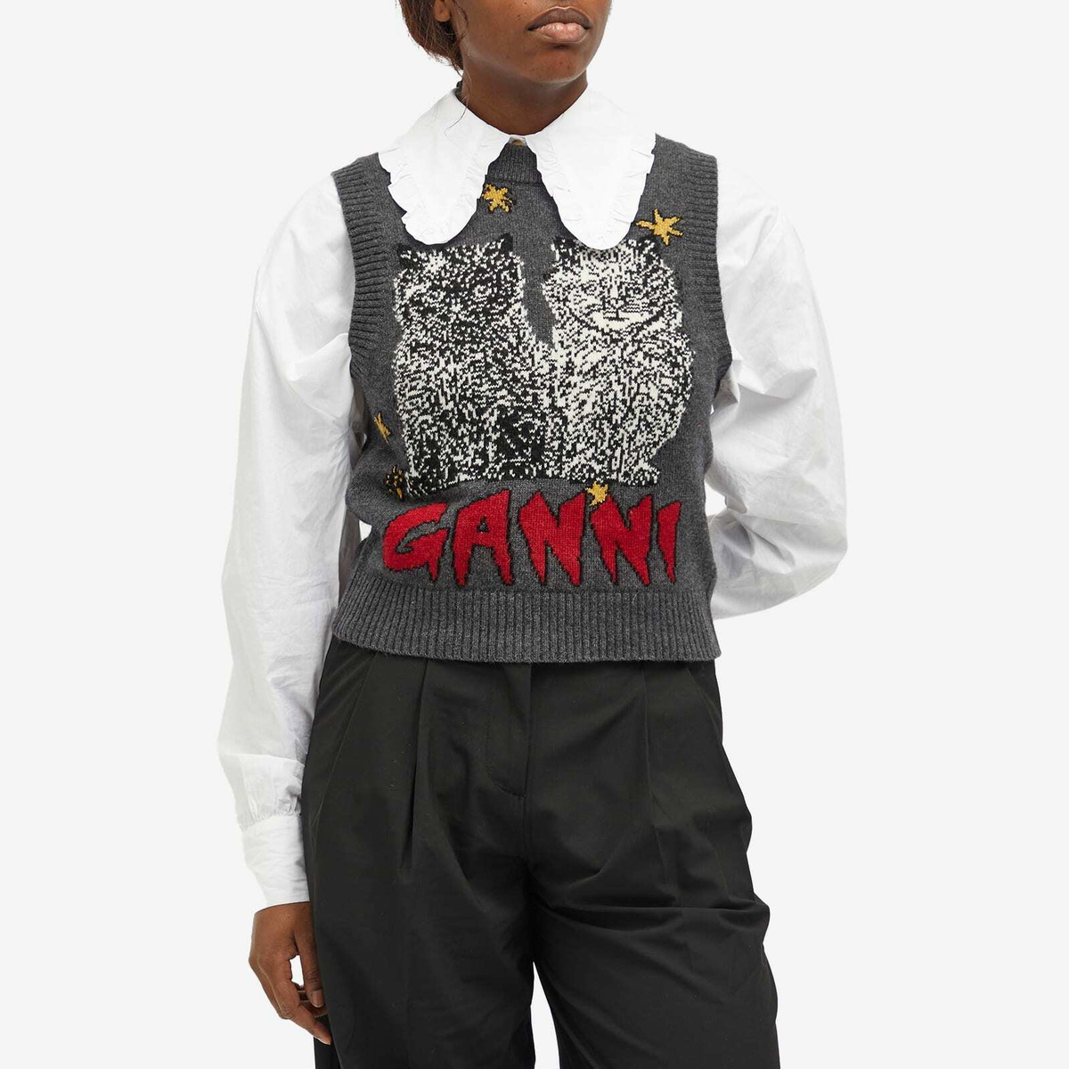 GANNI Women's Graphic Wool Mix Cats Vest in Gray Quill GANNI