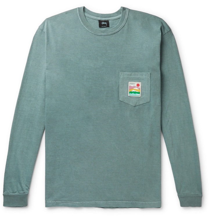 Photo: Stüssy - Sierra Logo-Appliquéd Pigment-Dyed Cotton-Jersey T-Shirt - Gray