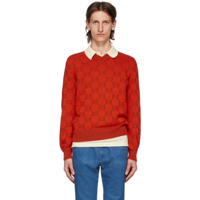Photo: Gucci Red and Brown Jacquard GG Sweater