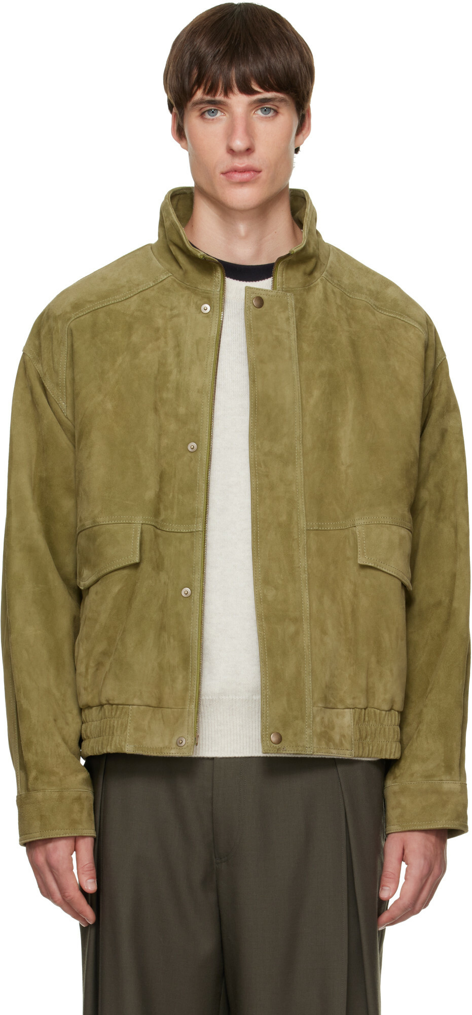 Solid Homme Green Band-Neck Suede Jacket