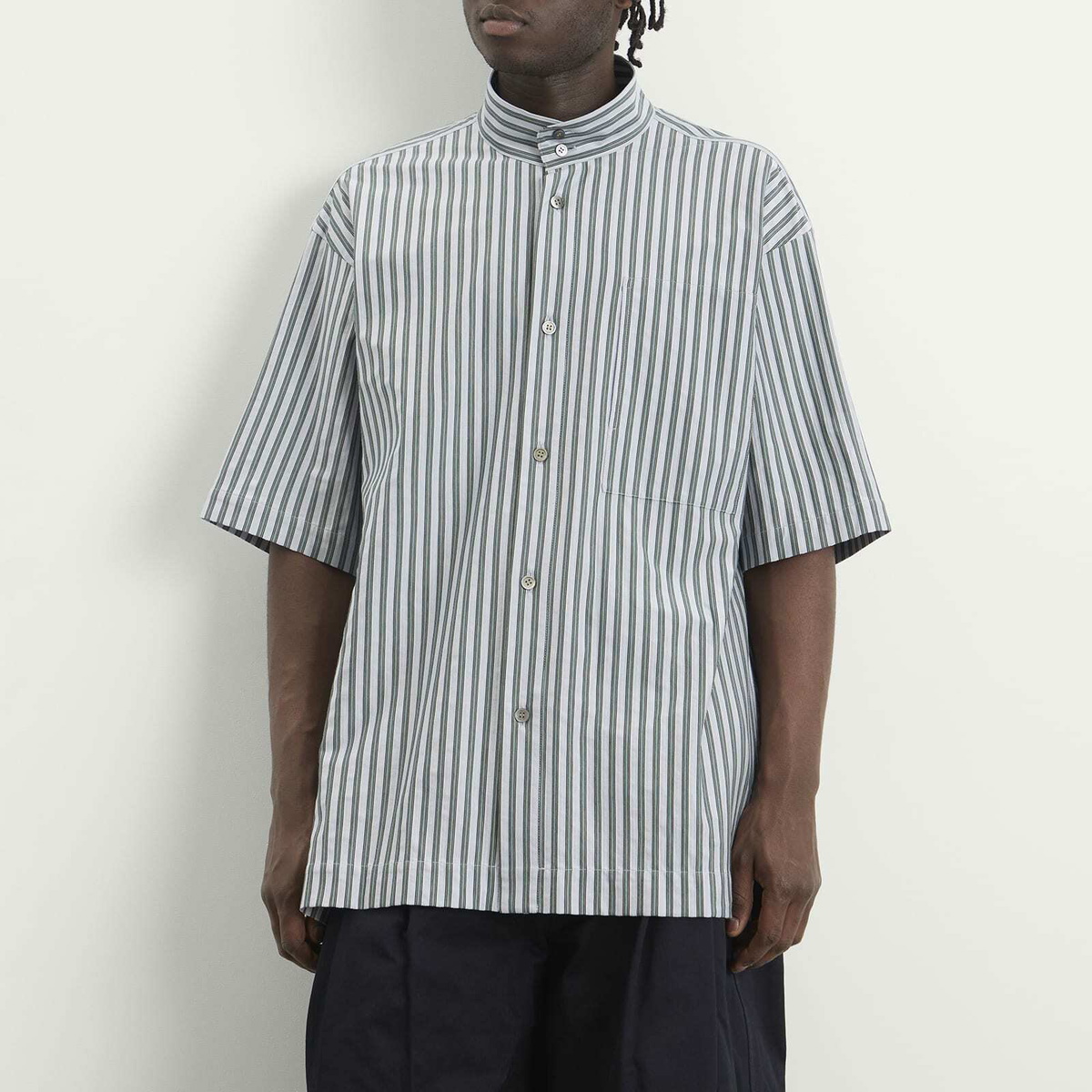 Homme Plissé Issey Miyake Men's Stripe Short Sleeve Shirt in Blue