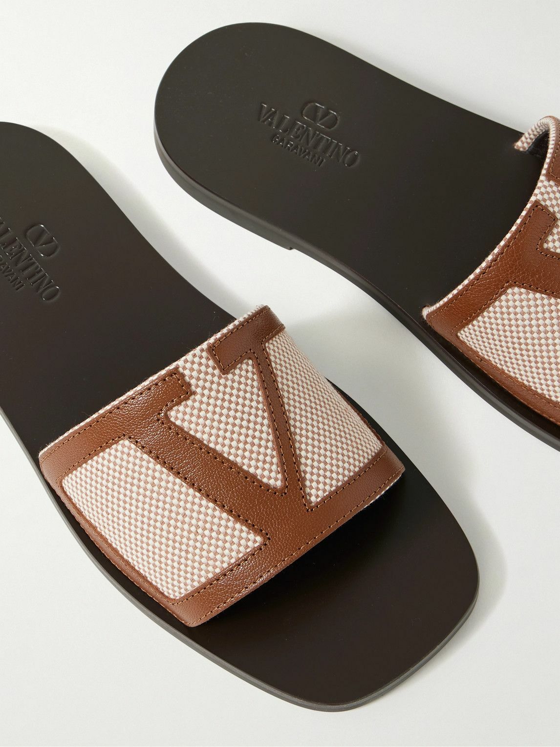 Valentino Garavani - Logo-Appliquéd Leather-Trimmed Checked Canvas Slides - Brown