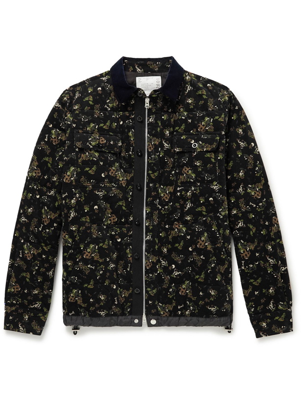 Photo: Sacai - Velvet-Trimmed Quilted Padded Printed Cotton-Corduroy Overshirt - Black
