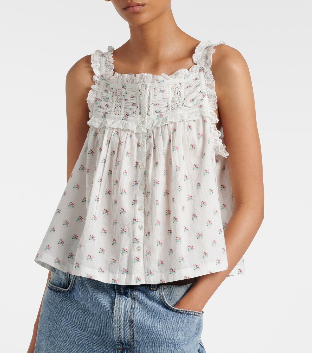 Dôen Fidella floral lace-trimmed cotton top