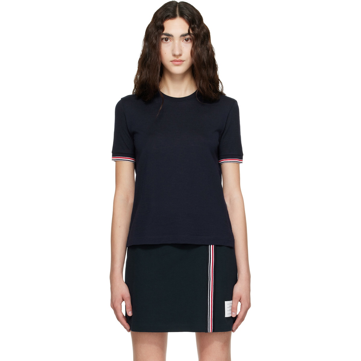 Thom Browne Navy Rib Cuff RWB Tipping Wool Jersey T-shirt